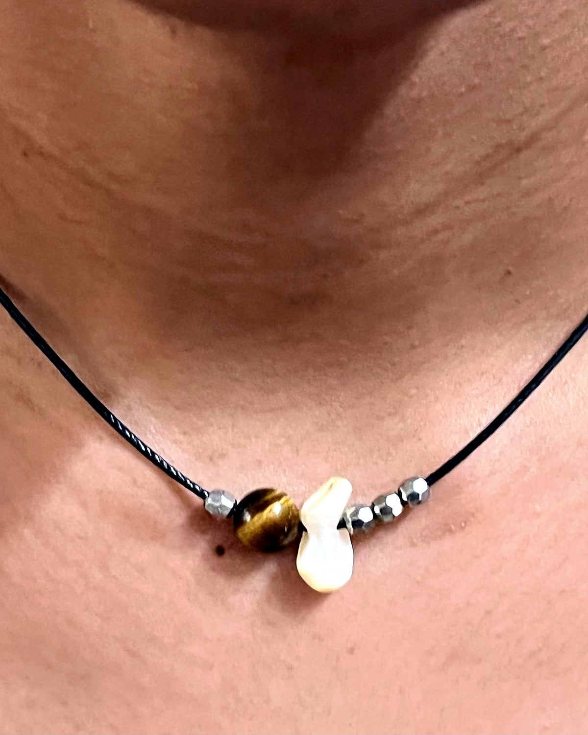 NK-01 tiger's eye + baroque pearl choker — the actual piece, worn