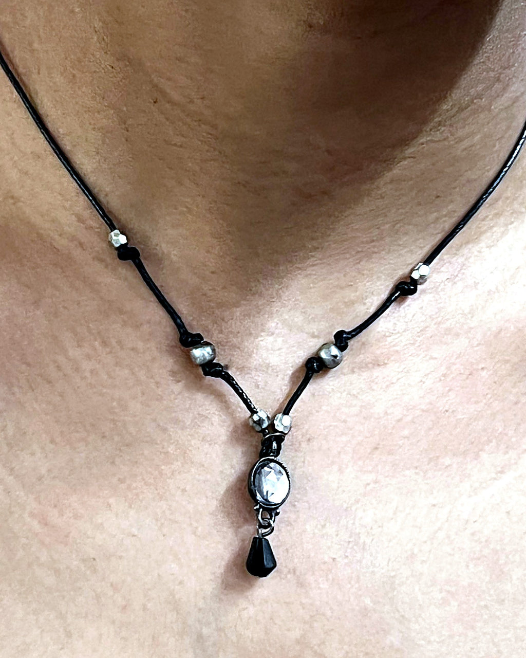 NK-03 clear crystal y-necklace — the actual piece, worn